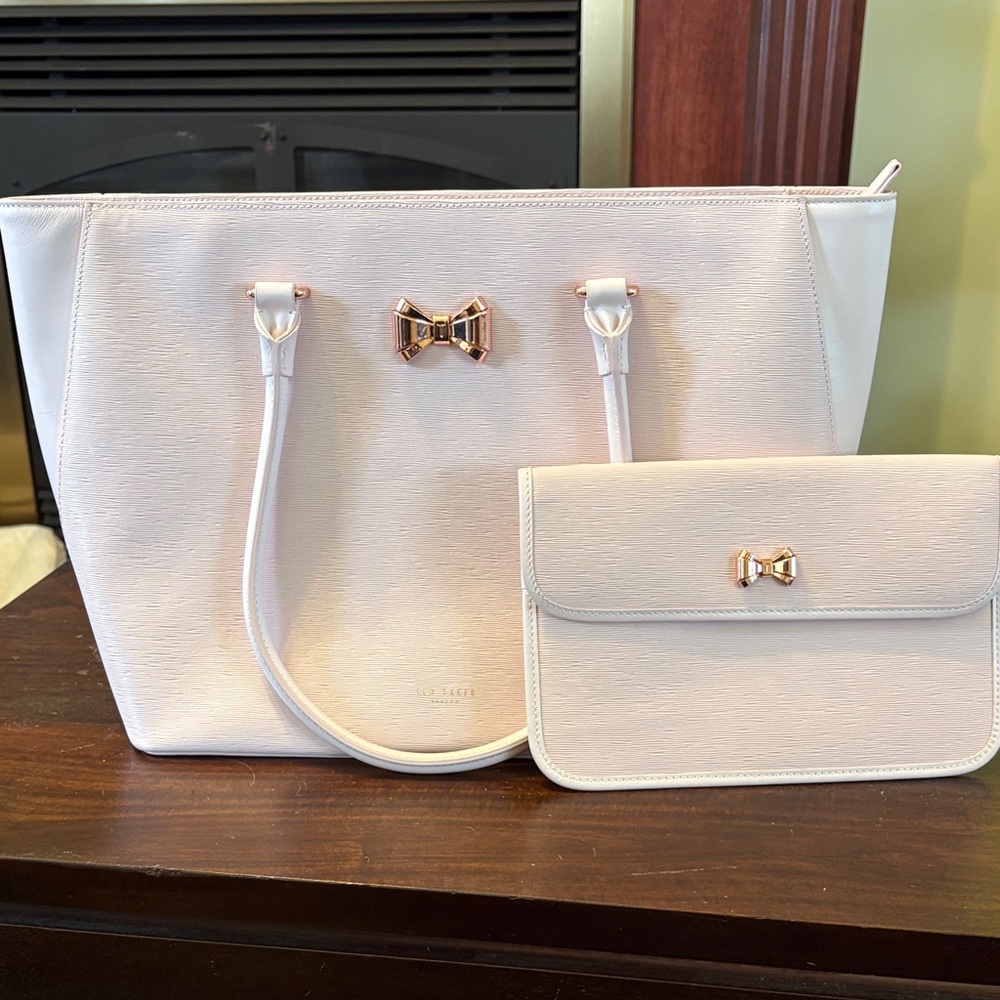 Elegant Ted Baker Pink Bow Accent Tote and Clutch Set and dust bag